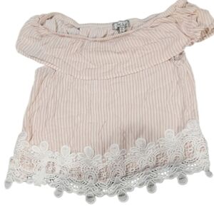 Vintage jrs Med Pink Striped Off Shoulder Top with Lace Trim